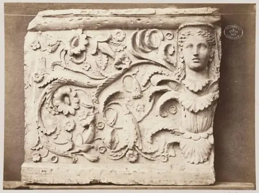 Bas-relief portion of frieze of female head and foliage ornament in terra cotta, by Louise Laffon