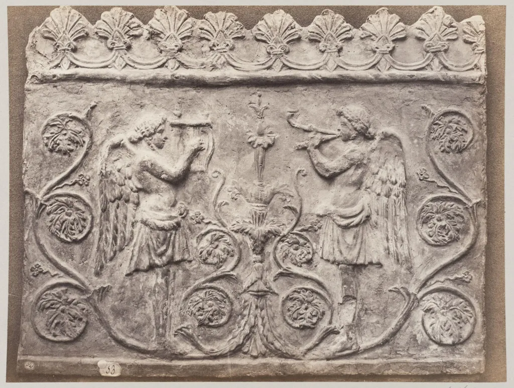 Bas-relief portion of frieze of Genii with double flutes and lyre, by Louise Laffon, photographic, 1864