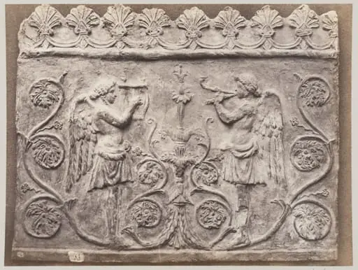 Bas-relief portion of frieze of Genii with double flutes and lyre, by Louise Laffon