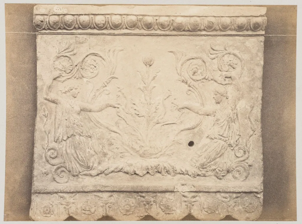 Bas-relief portion of frieze of nymphs with scrollwork in terra cotta, by Louise Laffon, photographic, 1864