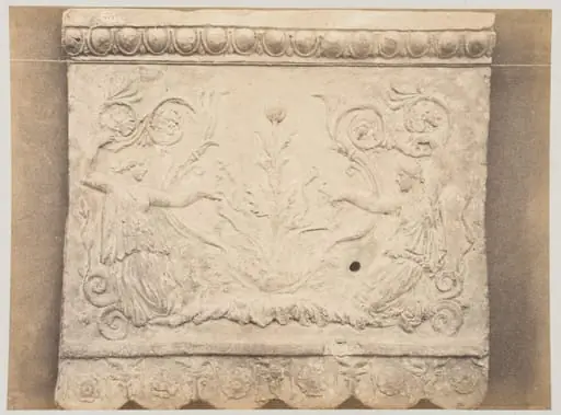 Bas-relief portion of frieze of nymphs with scrollwork in terra cotta, by Louise Laffon