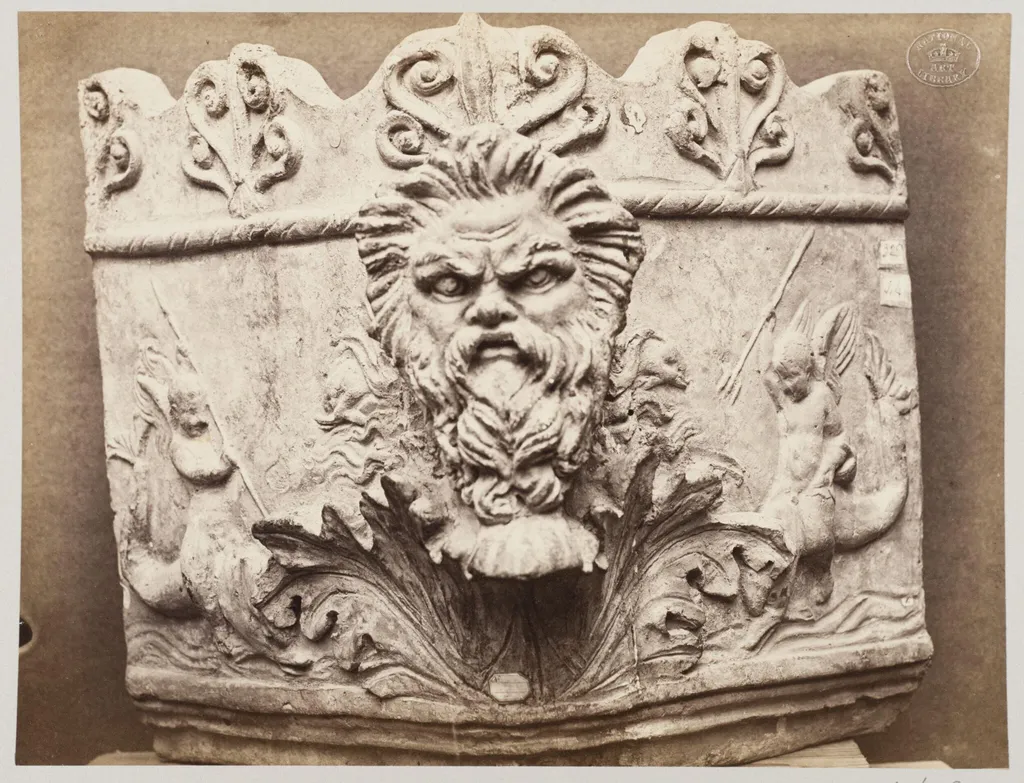 Bas-relief portion of frieze with mask of Satyr in terra cotta, by Louise Laffon, photographic, 1864