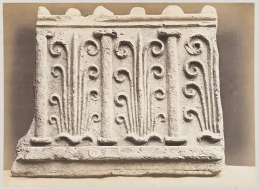Bas-relief portion of frieze with palmettes and columns in terra cotta, by Louise Laffon