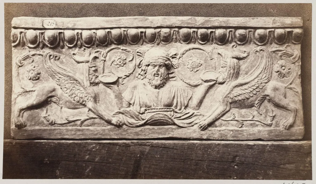 Bas-relief portion of frieze with the 'Libation of Asiatic Sphinx' in terra cotta, by Louise Laffon, photographic, 1864