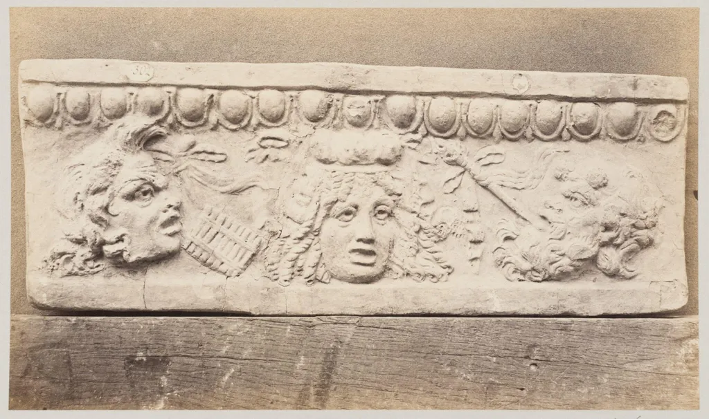 Bas-relief portion of frieze with theatrical masks in terra cotta, by Louise Laffon, photographic, 1864
