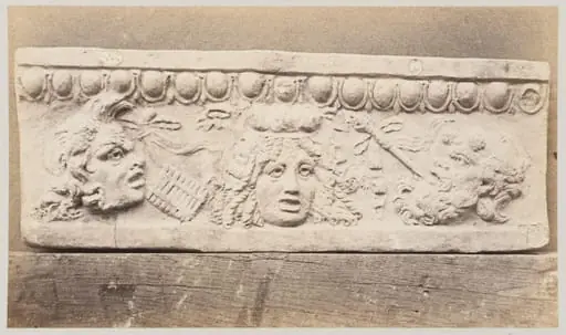 Bas-relief portion of frieze with theatrical masks in terra cotta, by Louise Laffon