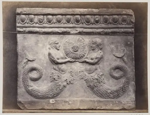 Bas-relief portion of frieze with tritons in terra cotta, by Louise Laffon