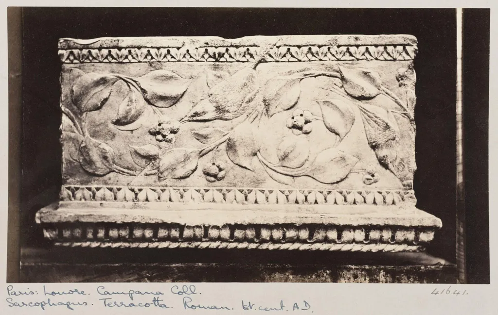 Bas-relief portion of marble tomb with birds and flowers, by Louise Laffon, photographic, 1864