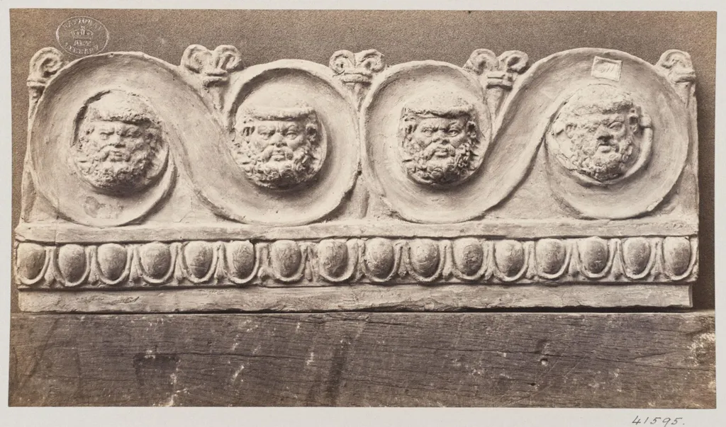 Bas-relief scroll with four masques in terra cotta, by Louise Laffon, photographic, 1864
