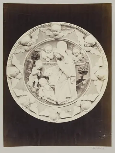 Circular bas-relief depicting the Nativity in enamelled earthenware, by Louise Laffon