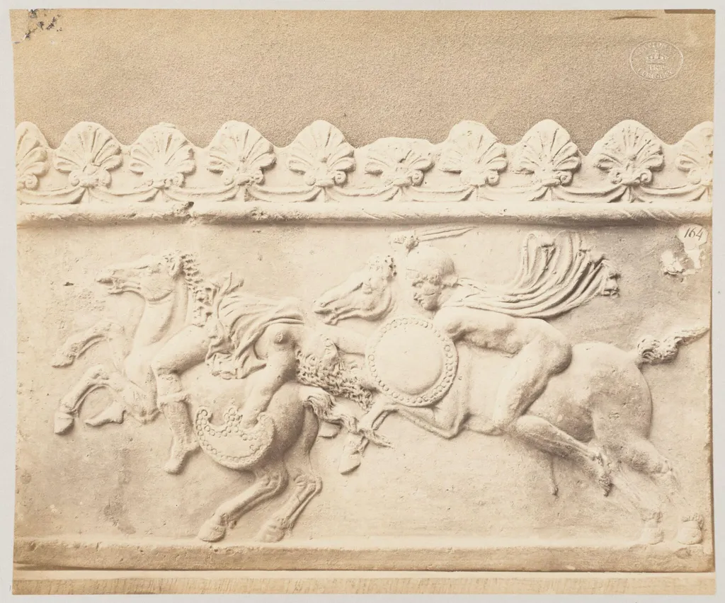 Combat between an Amazon and a Greek warrior, bas-relief in terra cotta, by Louise Laffon, photographic, 1864