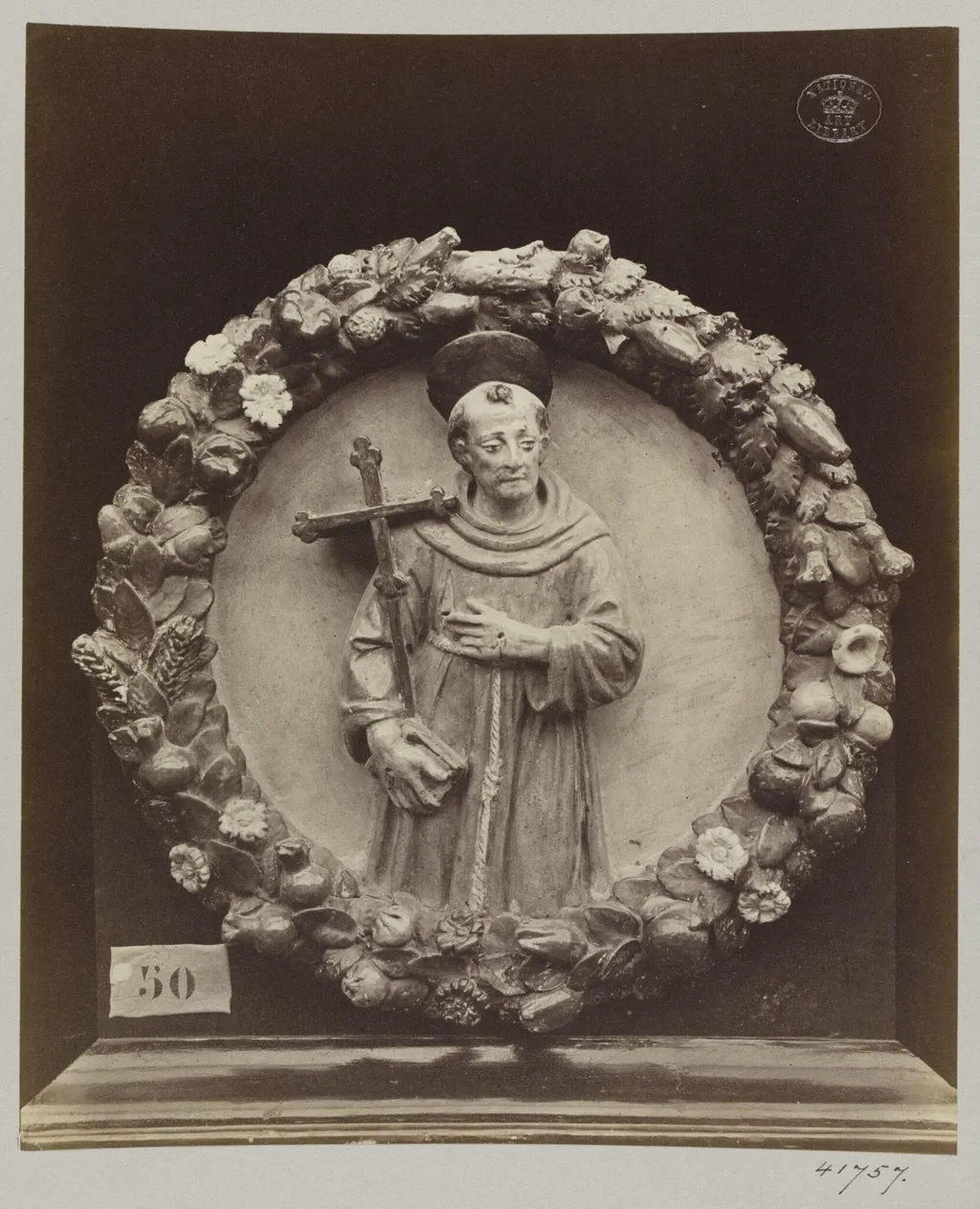 Enamelled bas-relief earthenware medallion of Saint Francis, by Louise Laffon, photographic, 1864