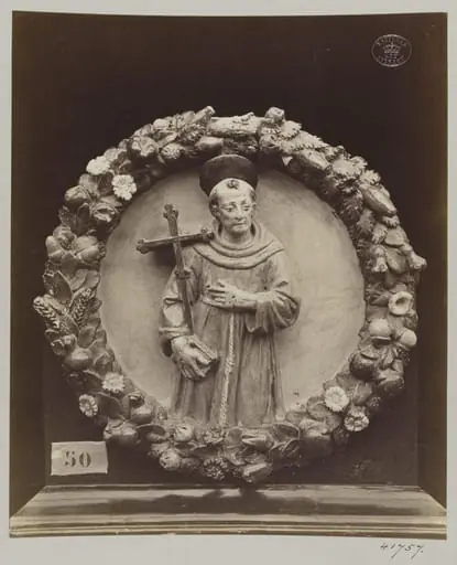 Enamelled bas-relief earthenware medallion of Saint Francis, by Louise Laffon