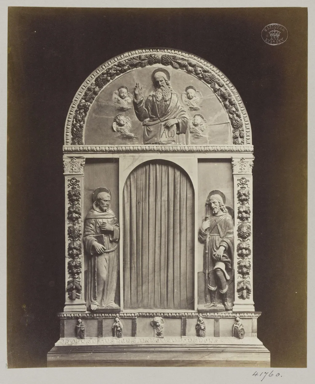 Enamelled earthenware altar piece of Christ and Saint Francis and St. Rock, by Louise Laffon, photographic, 1864