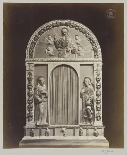 Enamelled earthenware altar piece of Christ and Saint Francis and St. Rock, by Louise Laffon