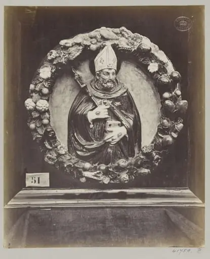 Enamelled earthenware bas-relief medallion of Saint Augustin, by Louise Laffon