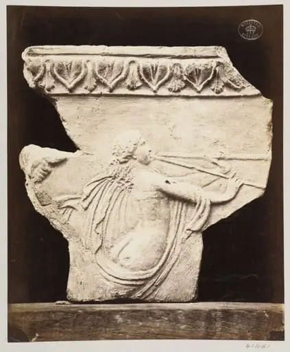 Female figure playing on pipe, bas-relief fragment in terra cotta, by Louise Laffon
