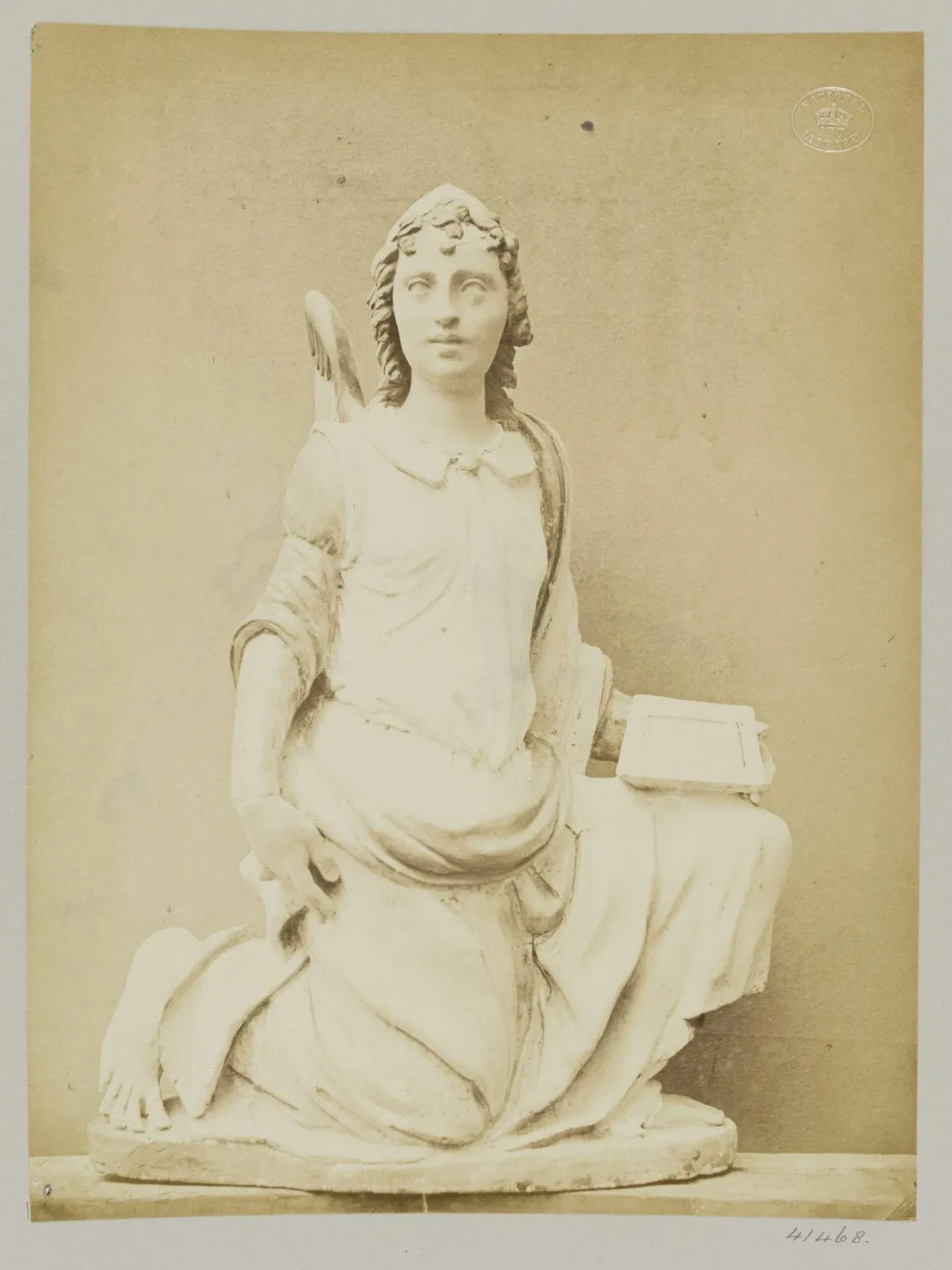 Figure of an Angel Kneeling, enamelled earthenware, by Louise Laffon, photographic, 1864