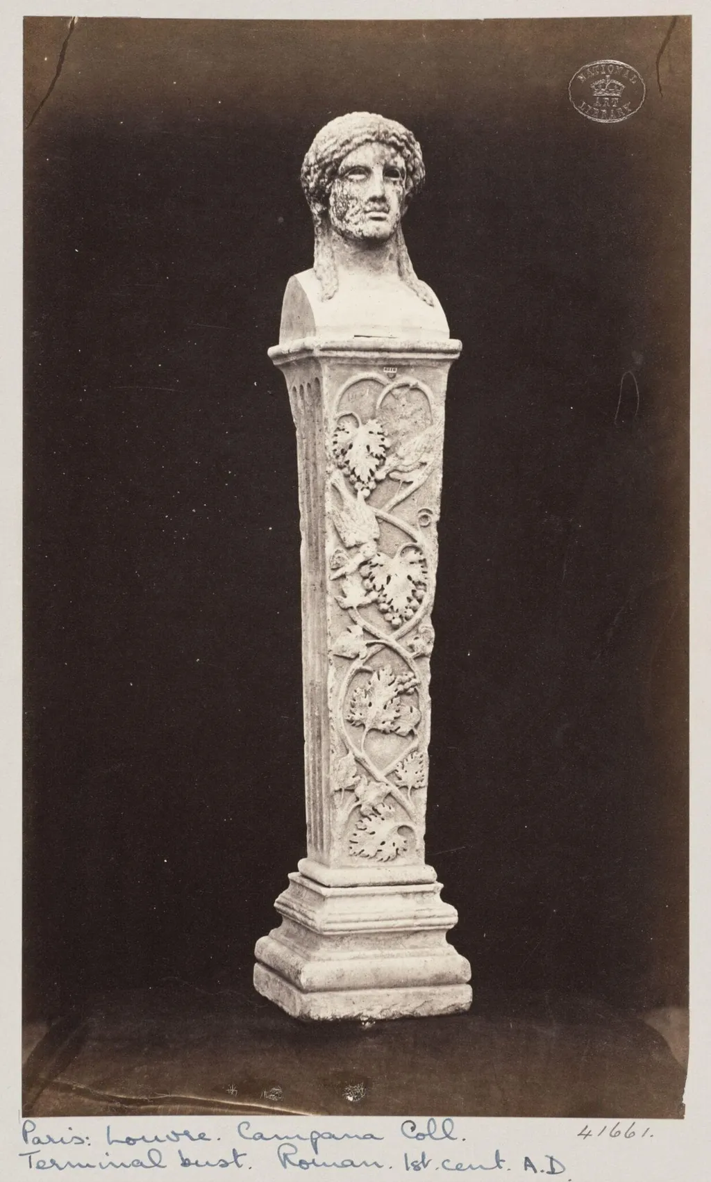 Marble herma with the head of Baccus ornamented with vine leaves and fruit, by Louise Laffon, photographic, 1864