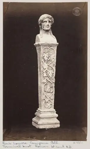 Marble herma with the head of Baccus ornamented with vine leaves and fruit, by Louise Laffon
