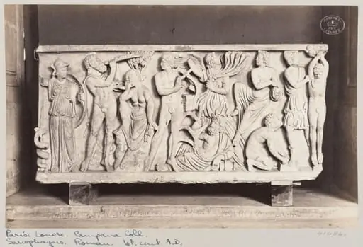 Marble Sarcophagus showing the trial of skill between Apollo and Marsyas, bas-relief, by Louise Laffon