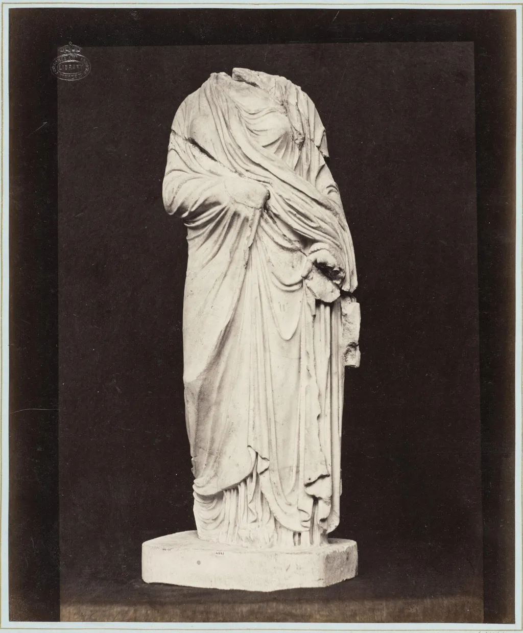 Marble statue of a headless draped figure, by Louise Laffon, photographic, 1864