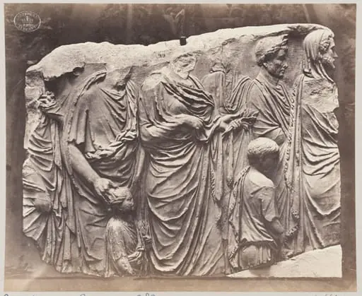 Portion of a marble sarcophagus of procession of draped figures, by Louise Laffon