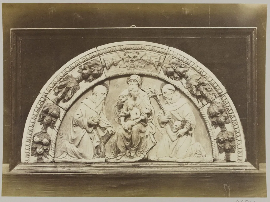 Top of an altar piece depicting the Holy Family in enamelled terra cotta, by Louise Laffon, photographic, 1864