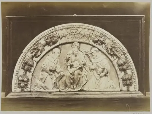 Top of an altar piece depicting the Holy Family in enamelled terra cotta, by Louise Laffon