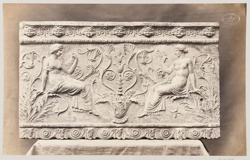 Two female figures seated on foliage ornament, bas-relief in terra cotta, by Louise Laffon, photographic, 1864
