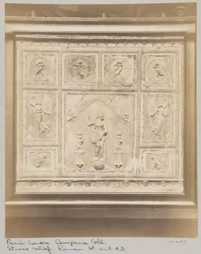 Venus standing on a ball surrounded by Ambrini, two figures of Victory and two griffins, bas-relief in coloured stucco, by Louise Laffon