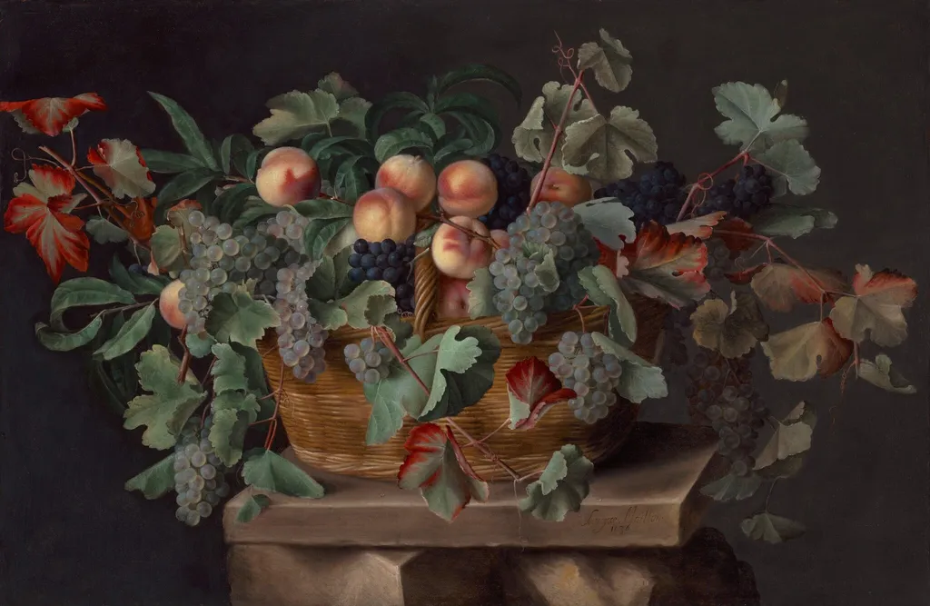 Still Life with a Basket of Peaches and Grapes, by Louise Moillon, oil, 1636