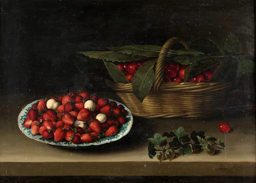 Still Life with a Bowl of Strawberries, Basket of Cherries, and Branch of Gooseberries, by Louise Moillon, oil, 1631