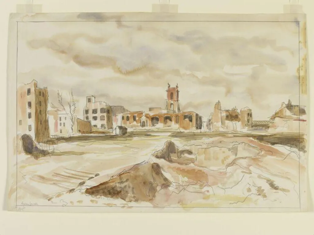 St. Giles, Cripplegate after bombing, by Lousada, watercolor, 1941