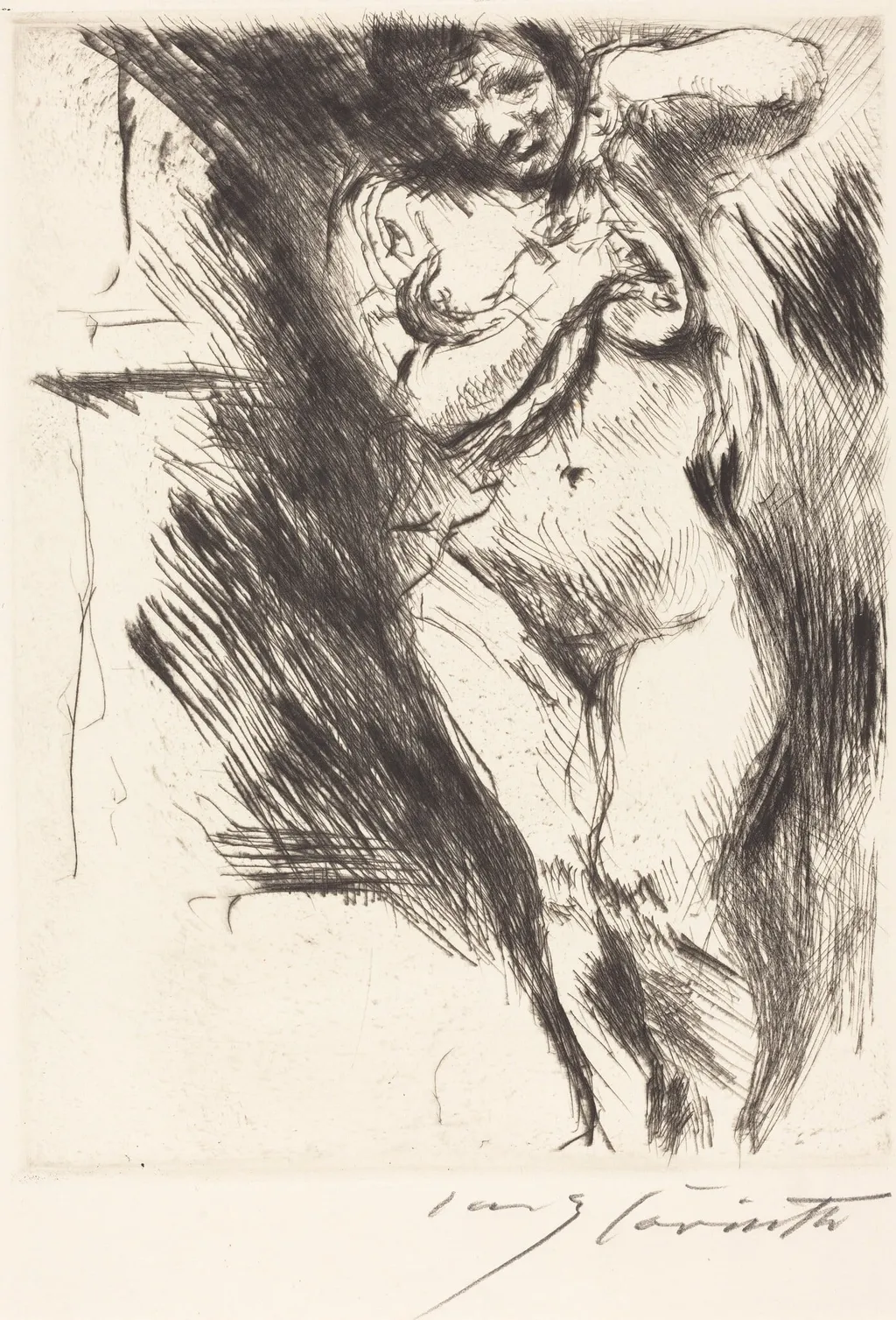 Akt mit hochgehobenem Hemd (Woman Undressing), by Lovis Corinth, ink, 1921