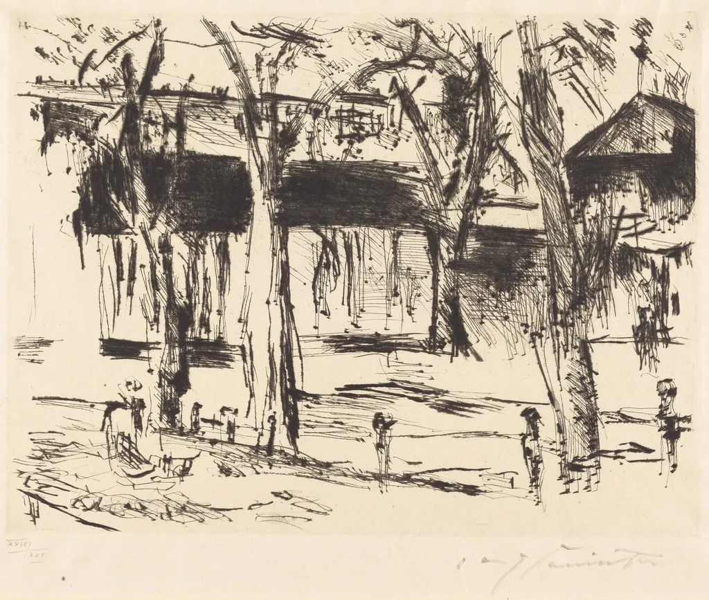 Bahnhof Tiergarten (Court with Trees), by Lovis Corinth, ink, 1920