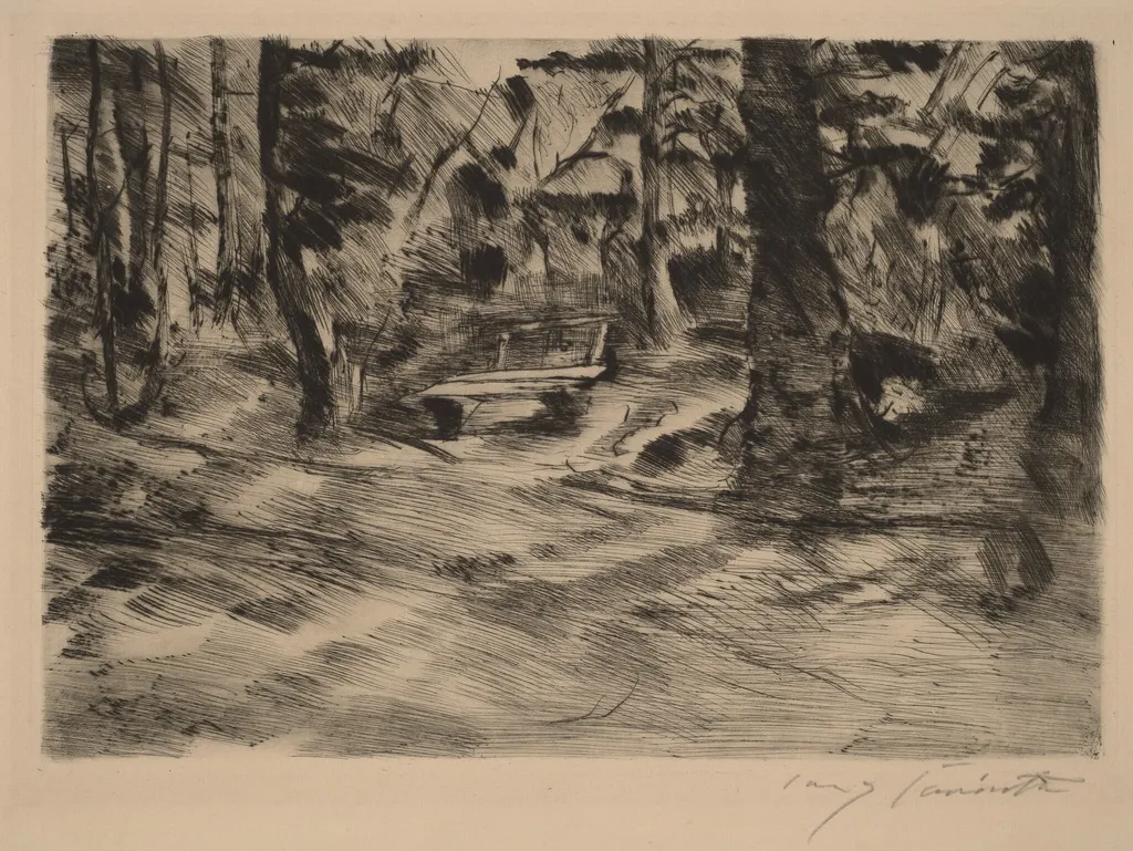 Bank im Walde II (Bench in the Woods II), by Lovis Corinth, ink, 1917