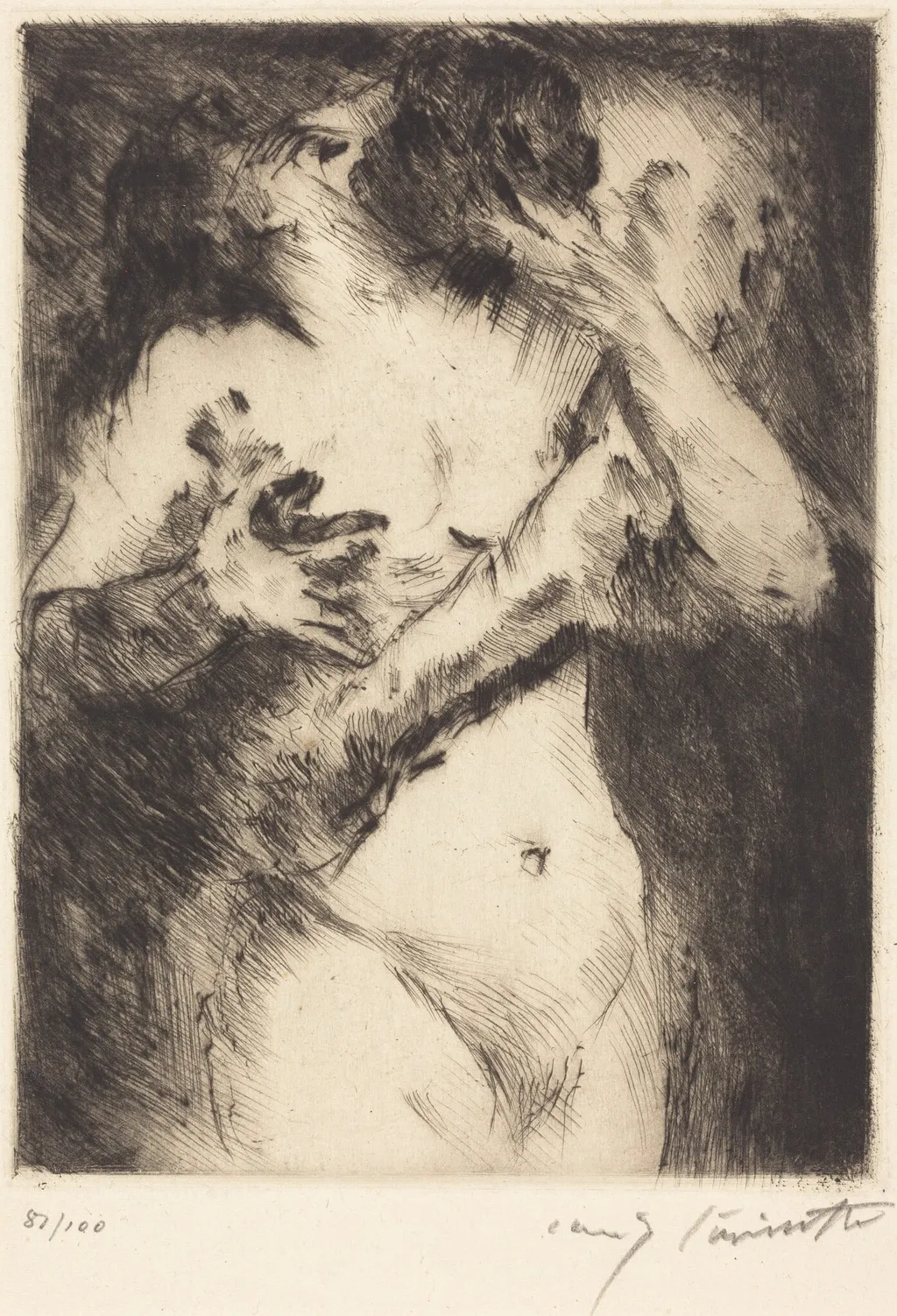 Der Kuss (The Kiss), by Lovis Corinth, ink, 1921