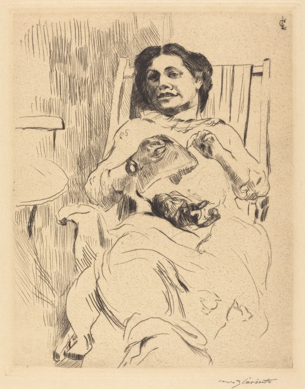 Frau mit Handarbeit (Woman with Needlework), by Lovis Corinth, ink, 1912