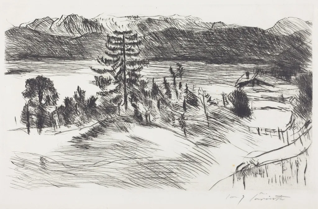 Grosse Walchenseelandschaft (Large Walchen Sea Landscape), by Lovis Corinth, ink, 1923