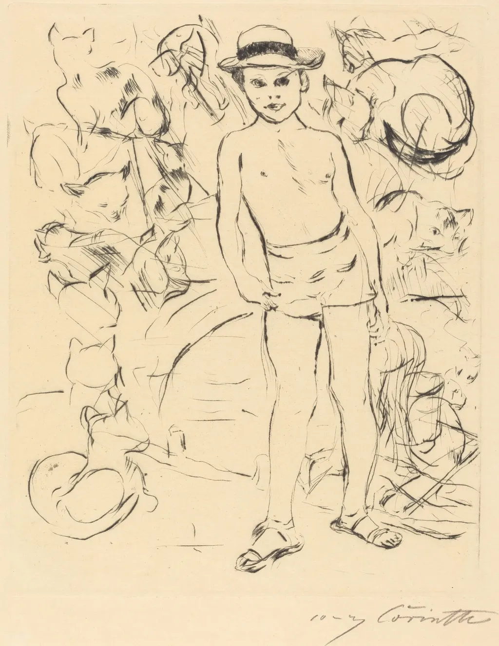 Knabe mit Badehose und Strohhut (Boy Wearing Bathing-Trunks and Straw Hat), by Lovis Corinth, ink, 1915