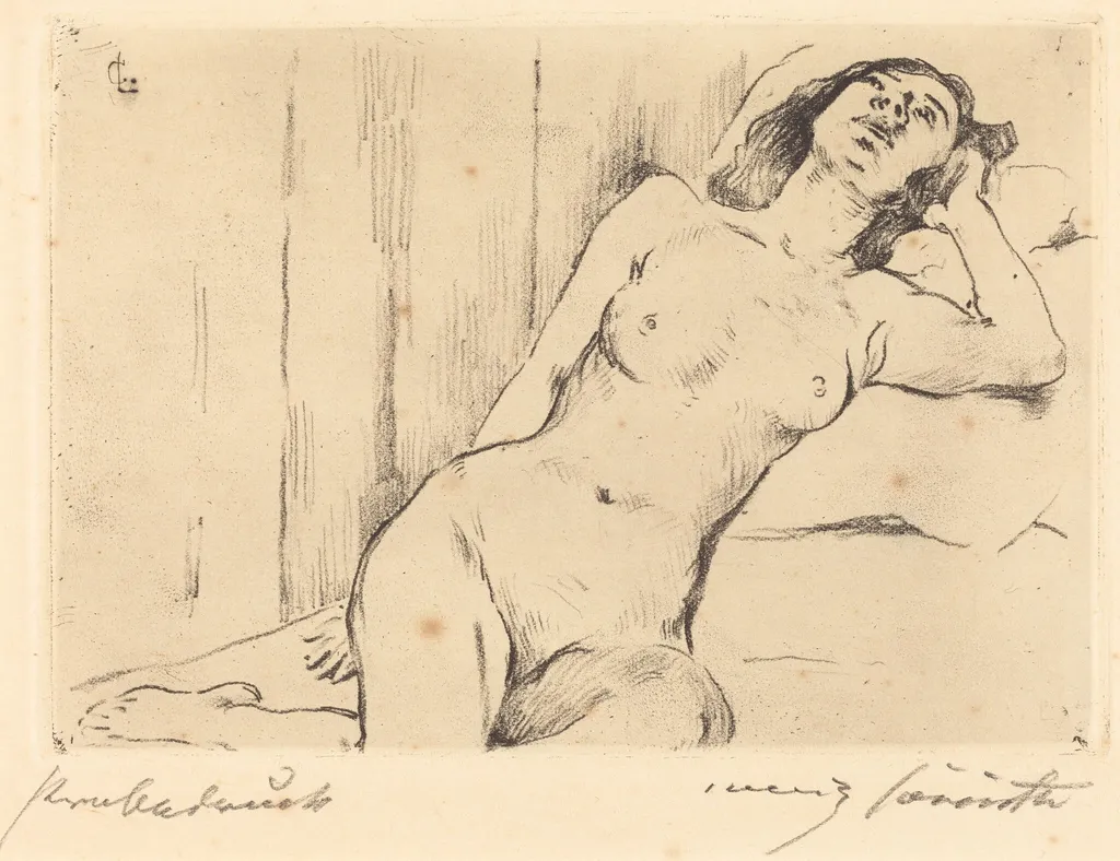 Ruhende Dreiviertel Akt (Reclining Female Nude), by Lovis Corinth, ink, 1911
