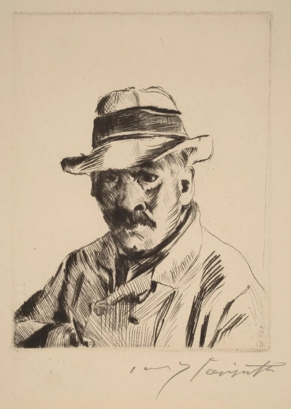Selbstbildnis im Strohhut, als Brustbild (Self-Portrait in a Straw Hat, Bust Length), by Lovis Corinth, ink, 1913