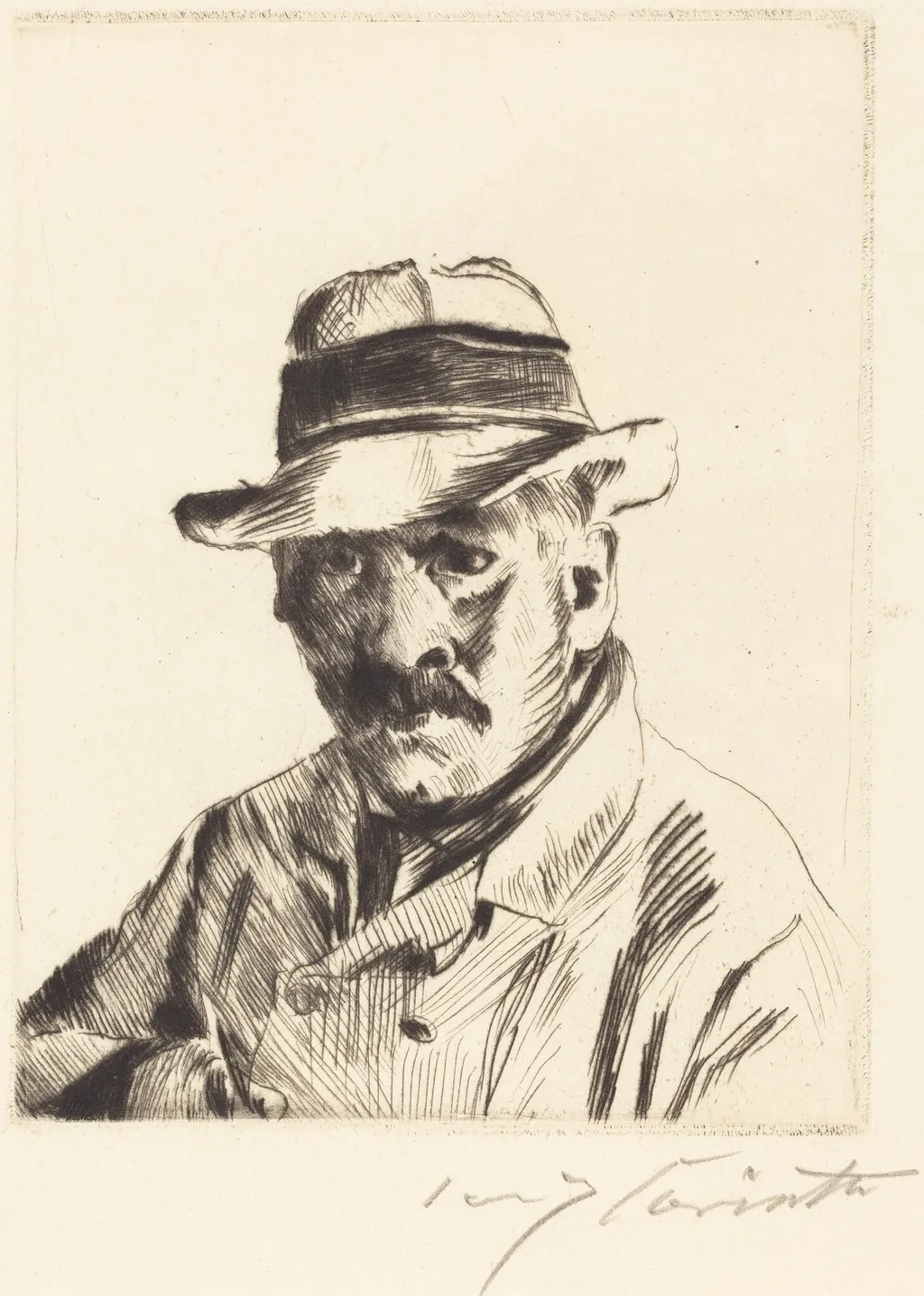 Selbstbildnis im Strohhut (Self-Portrait in a Straw Hat), by Lovis Corinth, ink, 1913