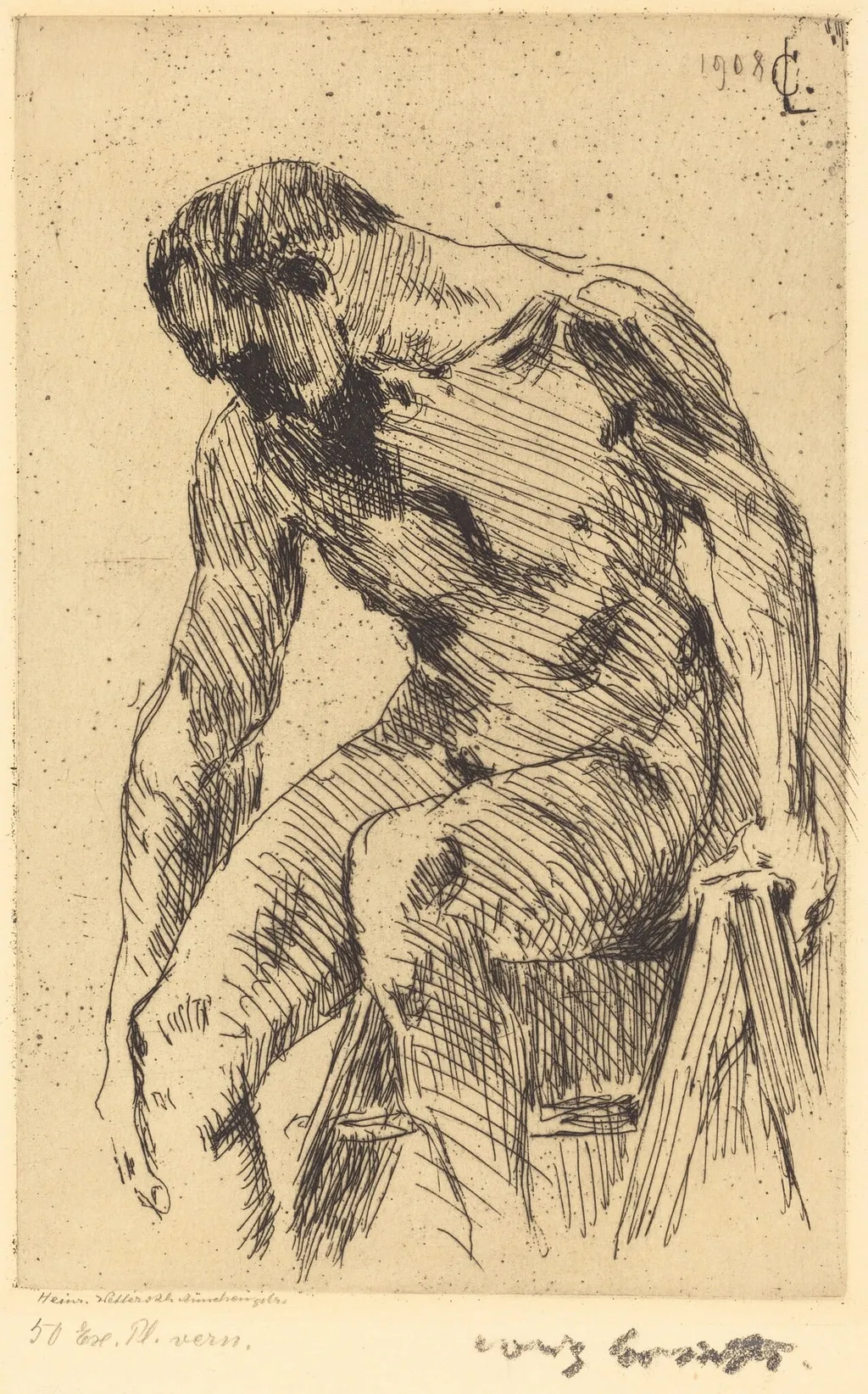Sitzender Männlicher Akt (Seated Male Nude), by Lovis Corinth, ink, 1908
