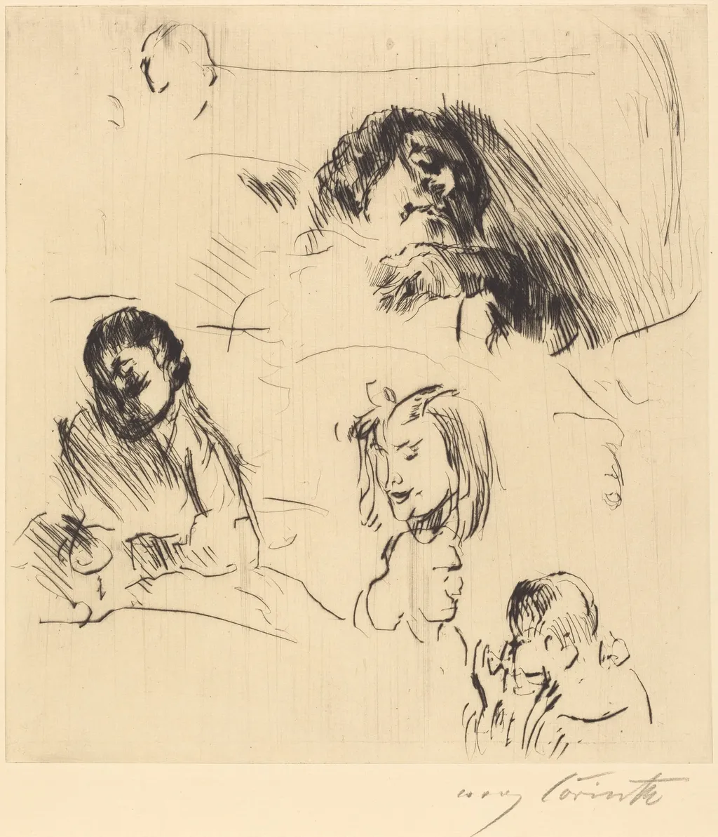 Verschiedene Bilnisstudien (Portrait Sketches), by Lovis Corinth, ink, 1920