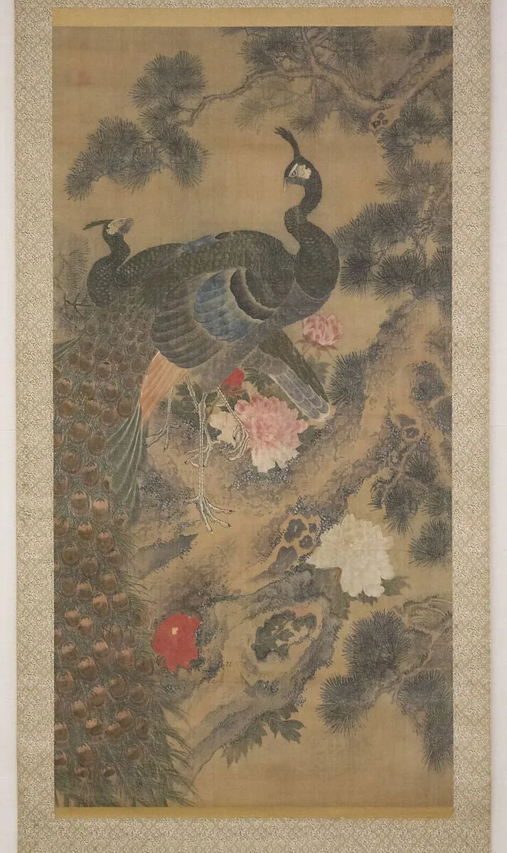 松牡丹孔雀図|Peacocks, Pine Tree, and Peonies, by Lü Ji, ink, 1850
