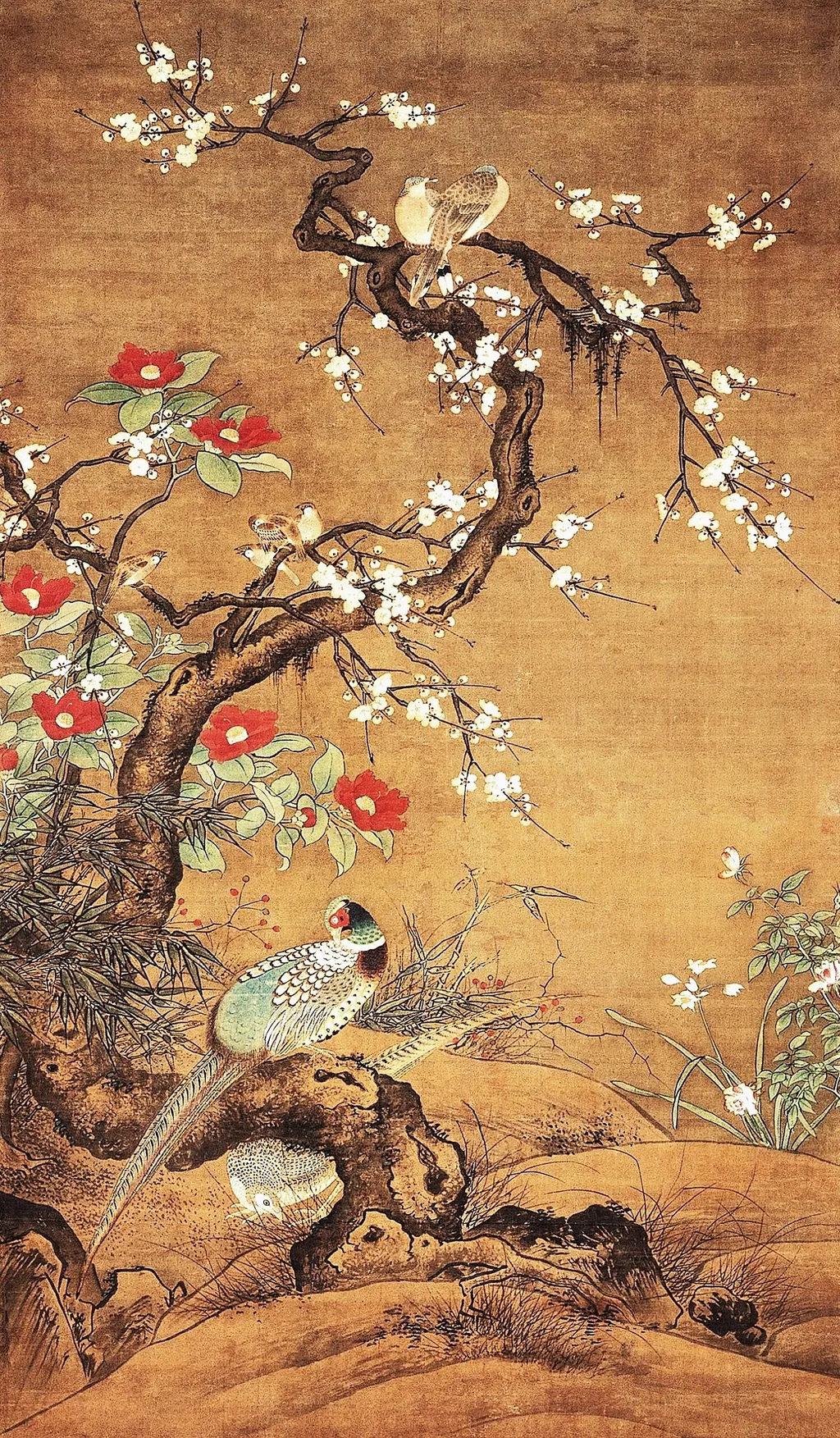 Pheasant and camellia shrub, by Lü Ji, unspecified, 1550