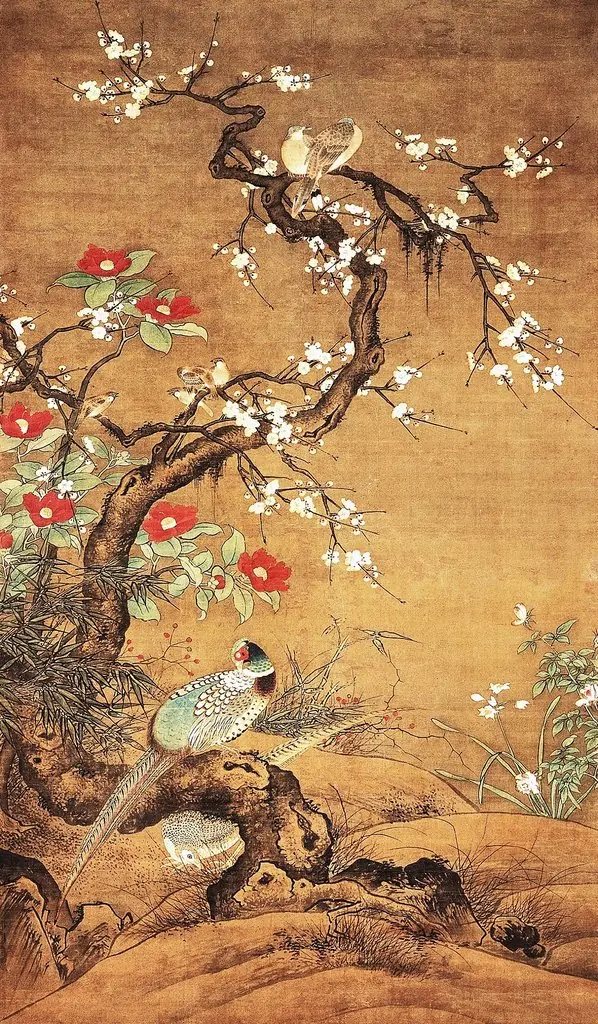 Pheasant and camellia shrub, by Lü Ji