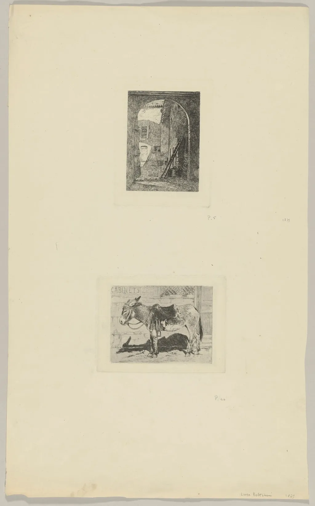 Lombard Farmhouse (above); Saddled Donkey Standing in Front of a Shop (below), by Luca Beltrami, ink, 1877